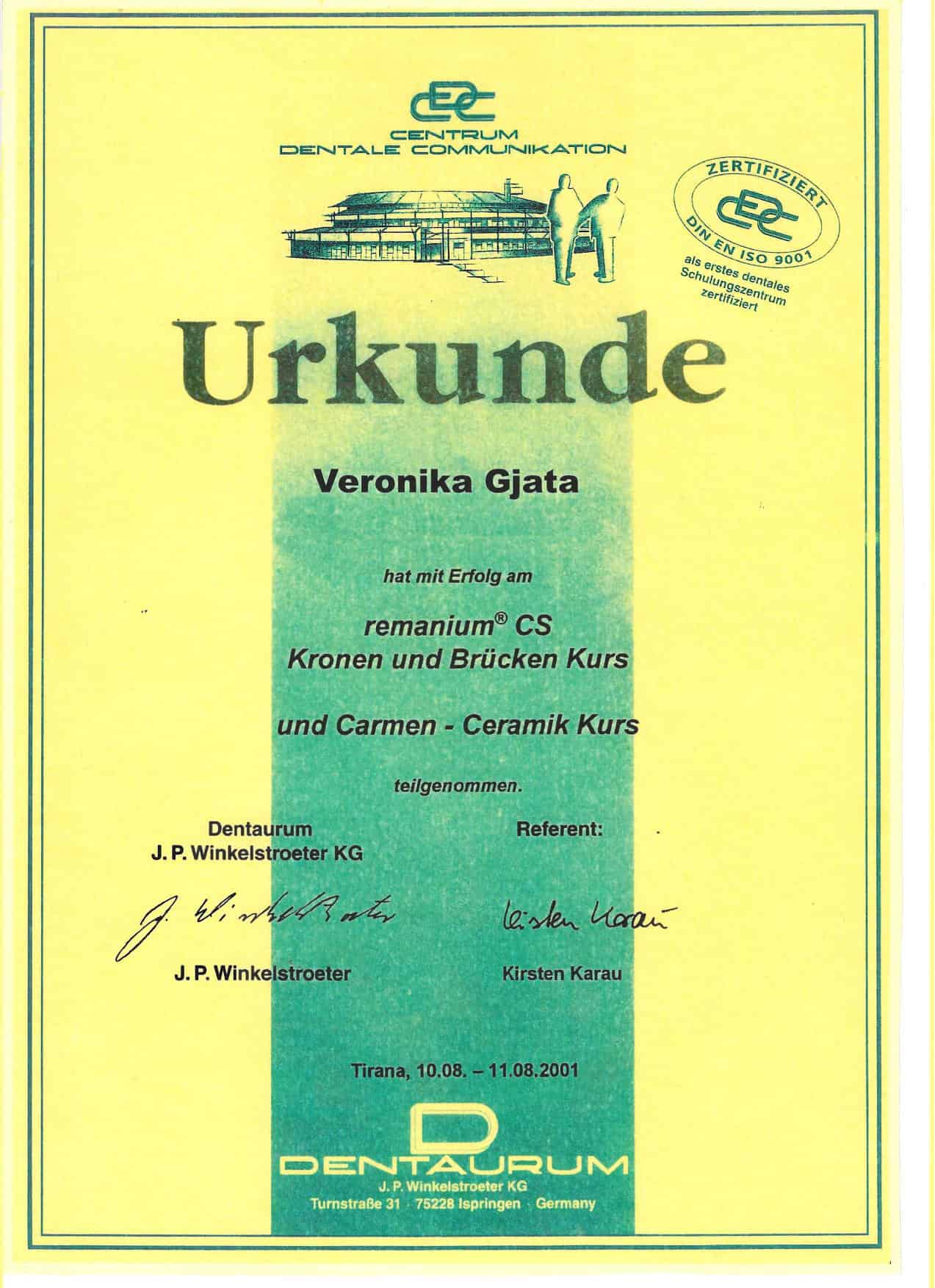 Dental certificate awarded to Veronika Gjata for dental courses in Tirana.
