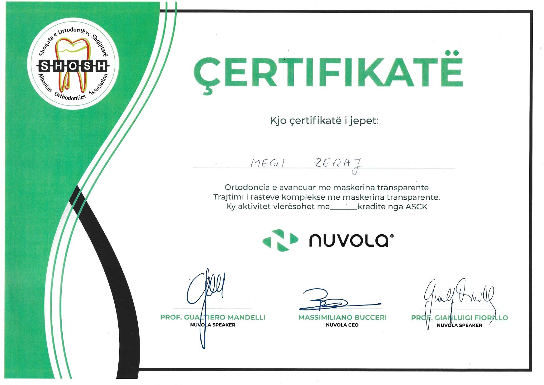 Dental certificate with signatures and official seal for oral health.