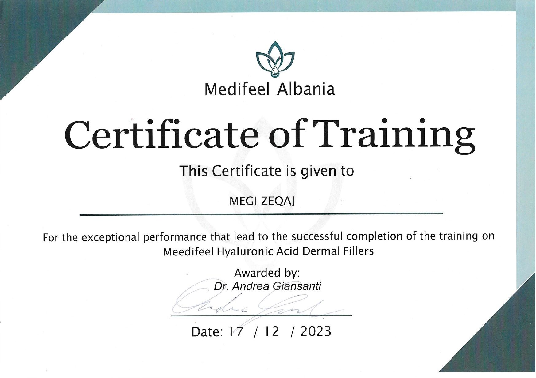 Certificate of training awarded to Medifeel Albania for dental training.
