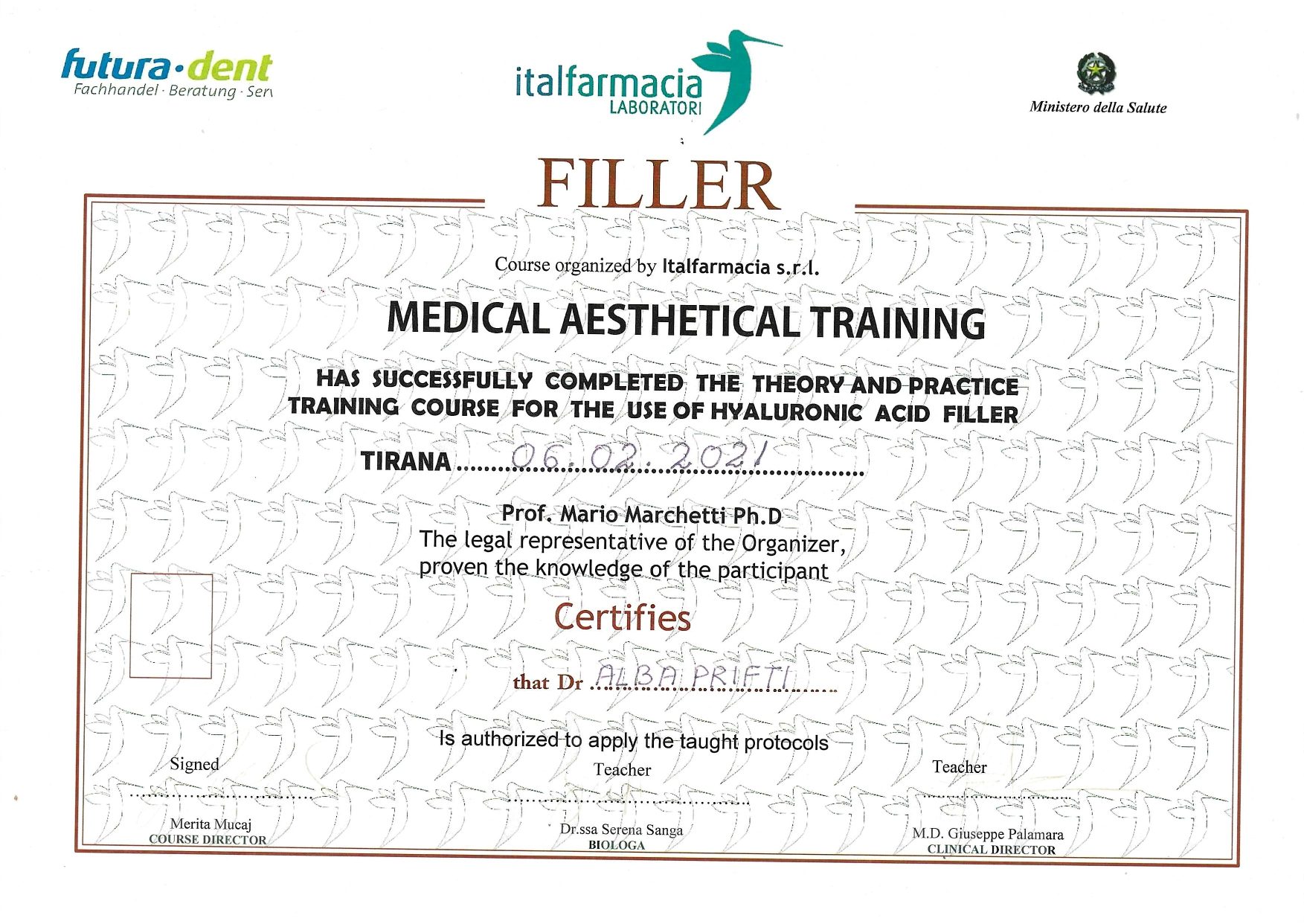 Certificate for medical aesthetic dental training in teeth whitening and acid etching.