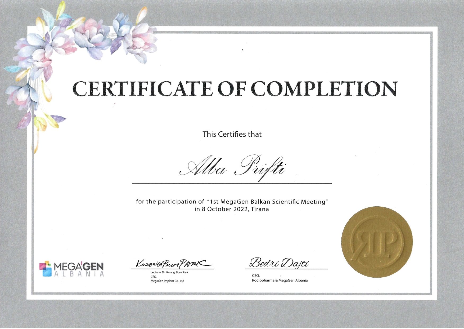 Certificate of completion for dental training or course.