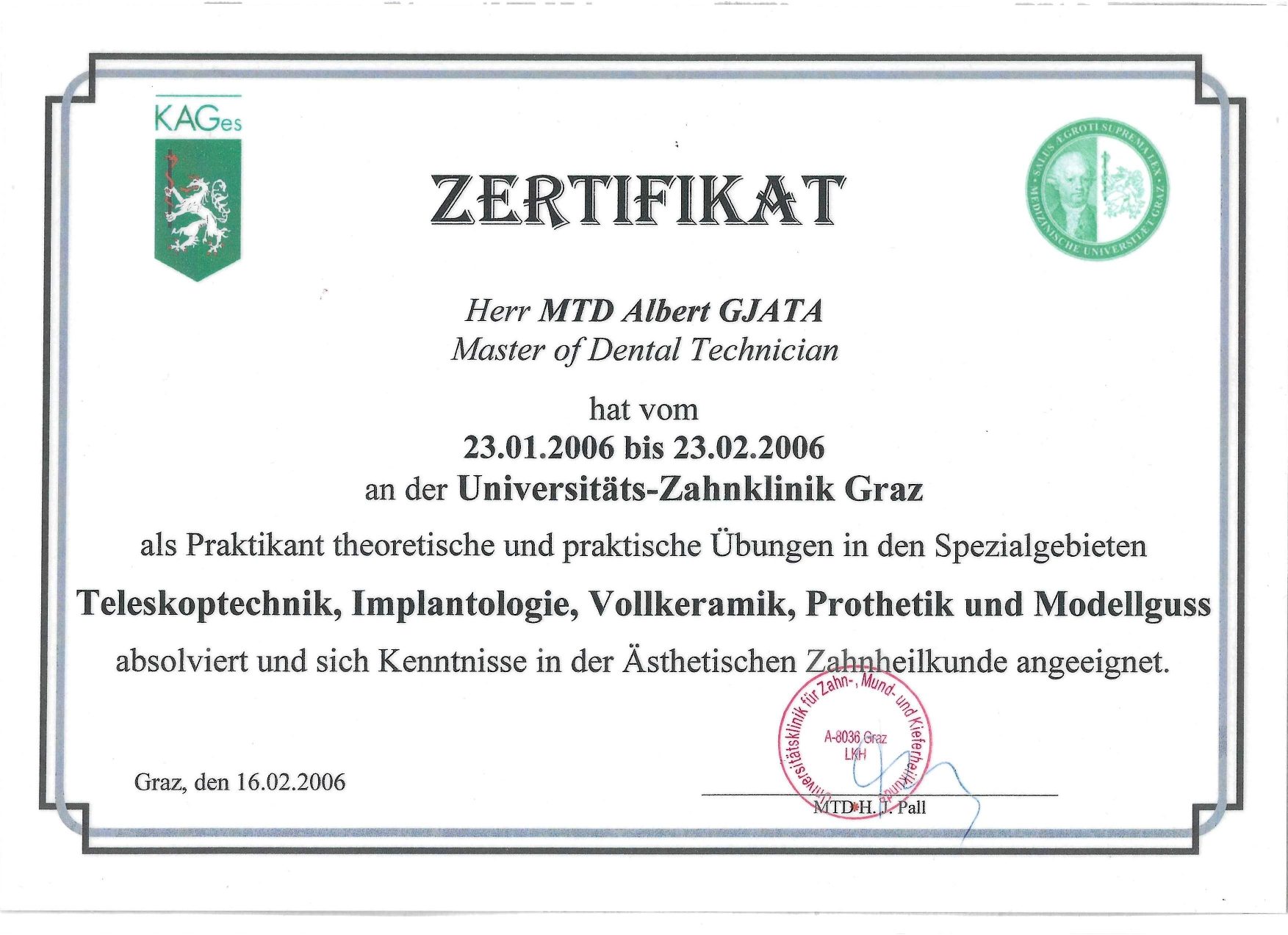 Dental certification document for Teleskoptechnik and prosthetic training.