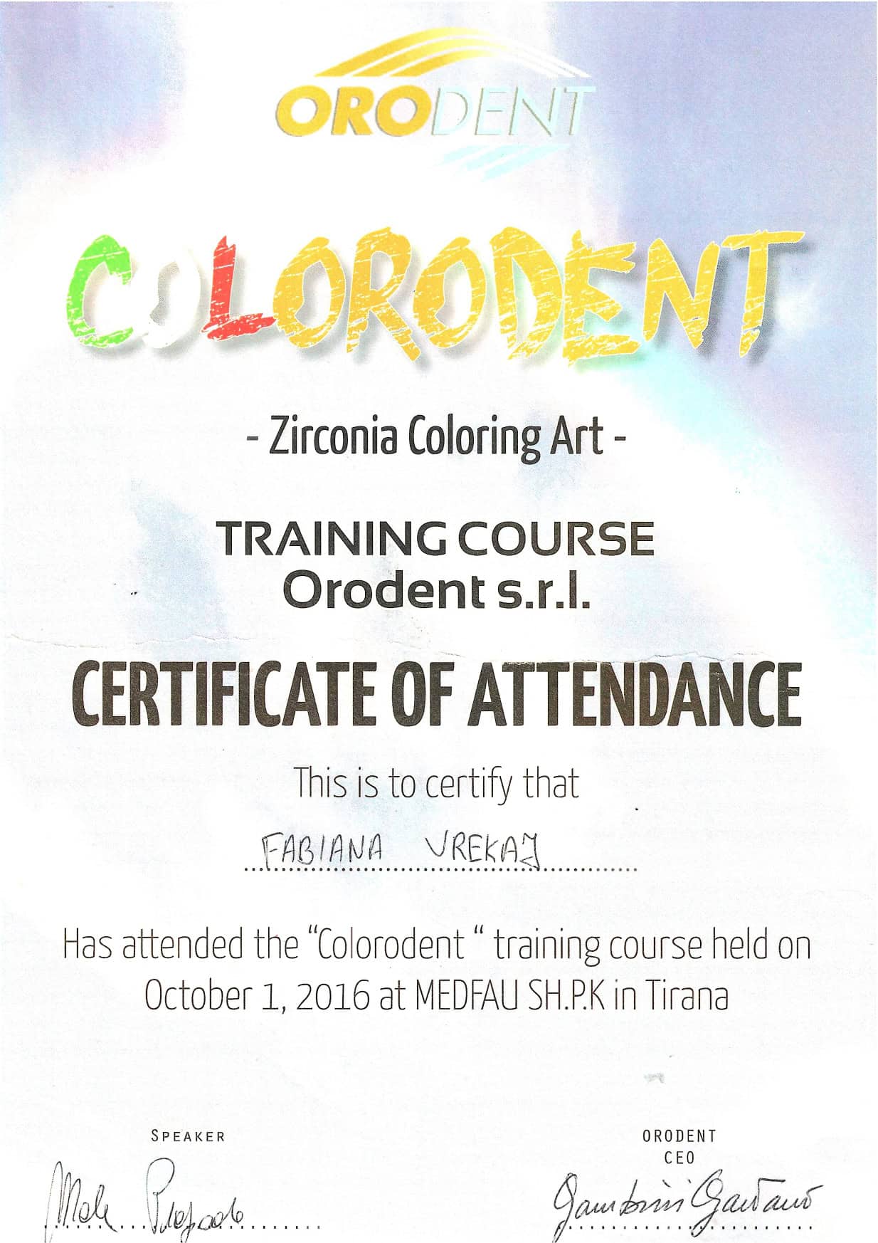 Certificate for dental training course in Tirana, Albania.