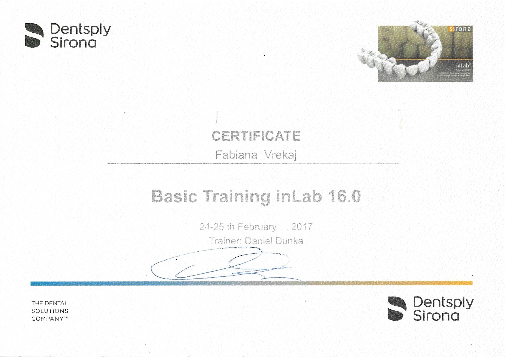 Certificate for basic dental training at Dentsply Sirona in Vareja.