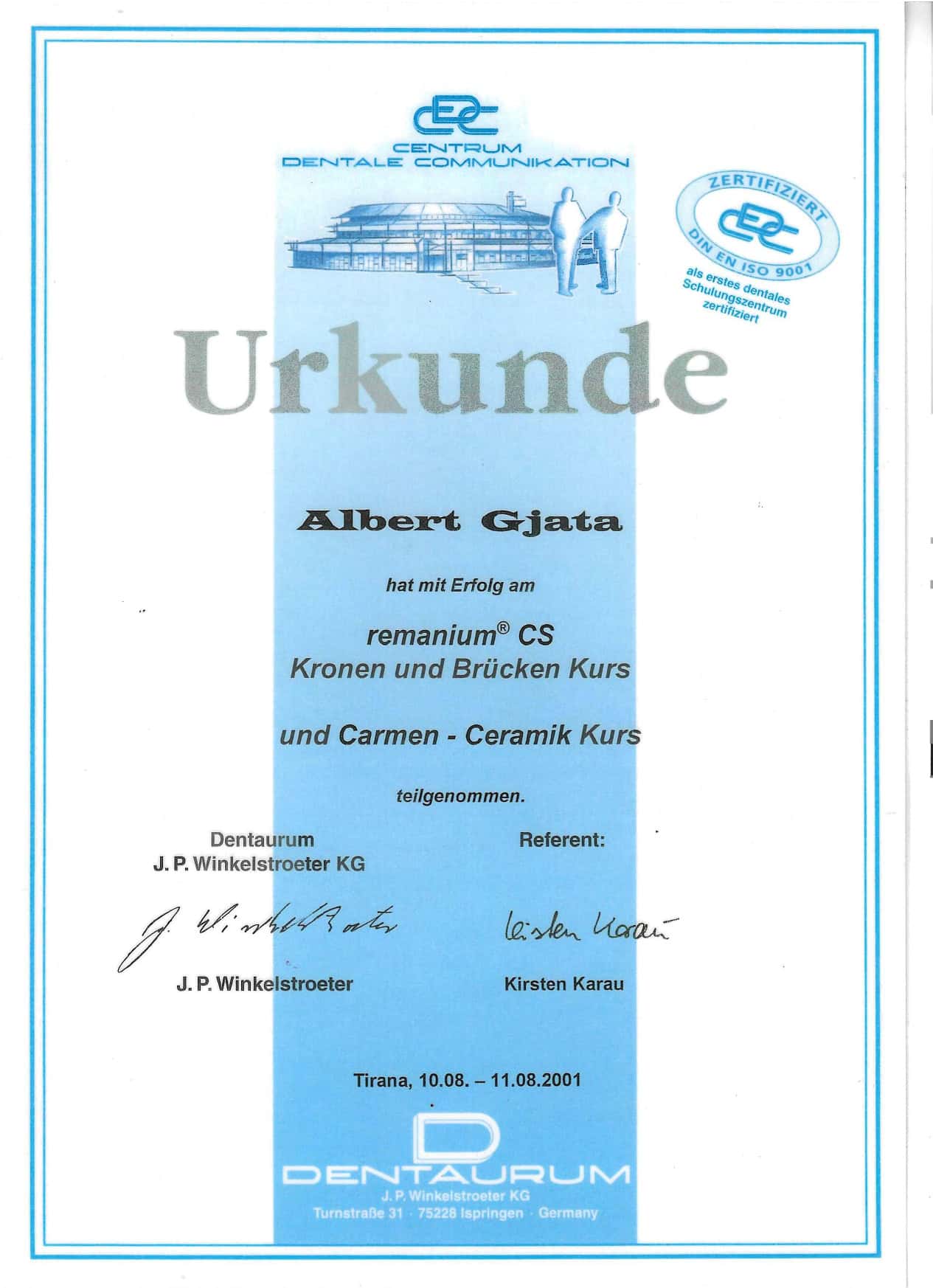Certificate of completion for dental courses at Dentaurum clinic.
