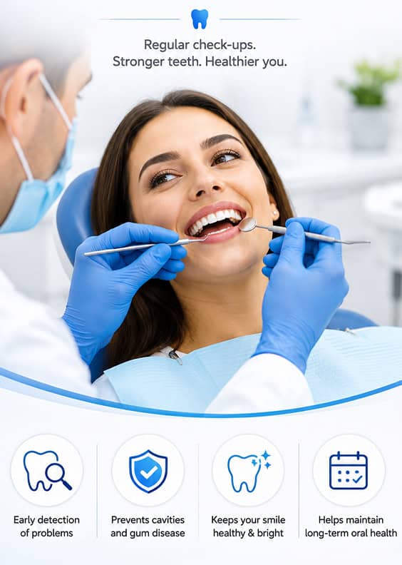 Female patient at dentist for check-up, smiling, with dentist examining her teeth.